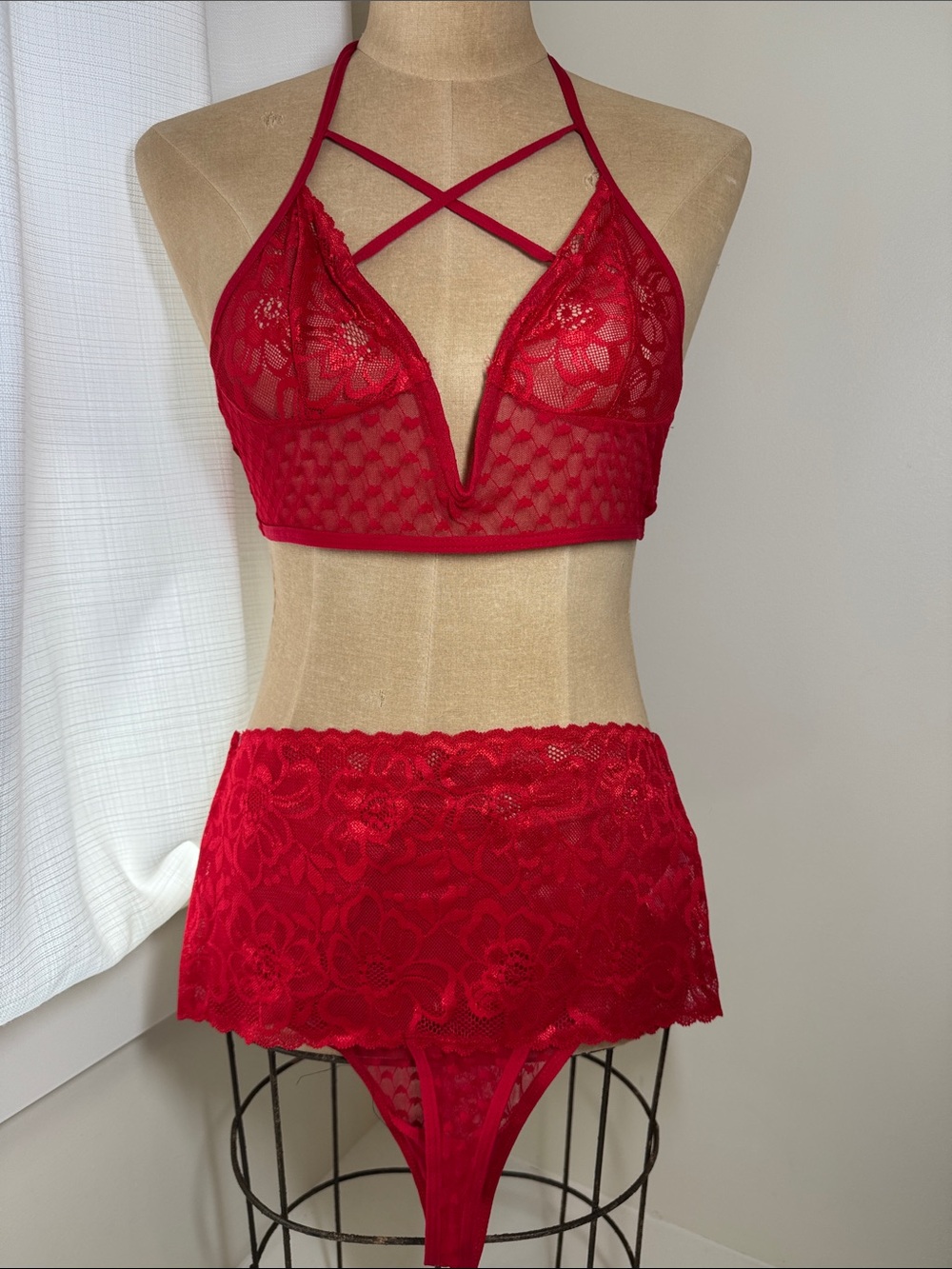 Mapale red lace bralette and panty set. ML.